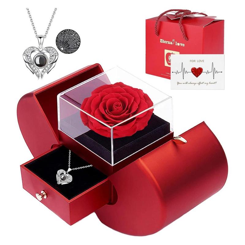 Rose Jewelry Gift Box, 1 Set Romantic Necklace Gift Box with Greeting Card & Gift Bag, Gift for Girlfriend, Women, Mother, Wife, Best Friend