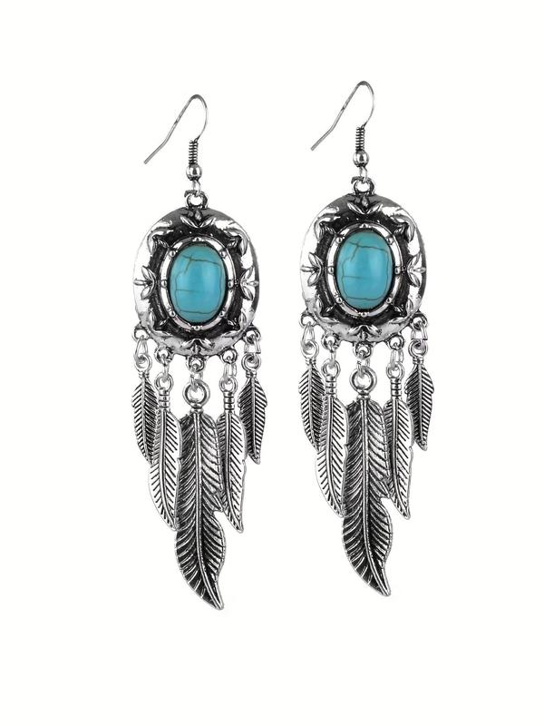 1 Pair Boho Style Tassel Decor Dangle Earrings, Leaf Design Drop Earrings, Turquoise Decor Dangle Earrings, Fashion Accessories For Women & Girls