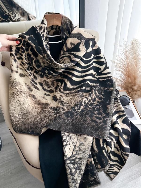 Women's Leopard Print Tassel Decor Shawl, Boho Style Thick Warm Scarf for Fall & Winter, Fashion Clothes Accessories for Women & Girls