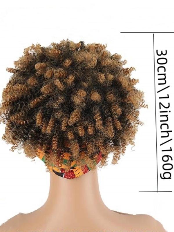 Summer 2024 Black Curly Synthetic Wig with Bangs, 12 Inch Wrap Wig with Headband Attached Scarf Wig Turban Drawstring Afro High Puff Head Wrap, Fall Outfits, Fall Freshness