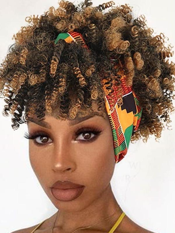 Summer 2024 Black Curly Synthetic Wig with Bangs, 12 Inch Wrap Wig with Headband Attached Scarf Wig Turban Drawstring Afro High Puff Head Wrap, Fall Outfits, Fall Freshness