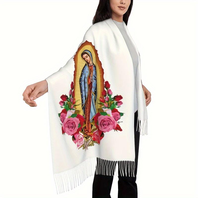 Virgin Mary Print Polyester Shawl Scarf - Casual Fringed Wool-Feel Shawl for Women, Non-Elastic Warm Decorative Wrap, Woven Windproof Weekend Casual Accessory