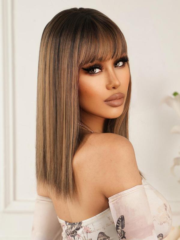 Women's 18 Inch Brown Short Straight Wigs With Bangs, Glueless Wigs, Synthetic Wigs For Party, Daily Use