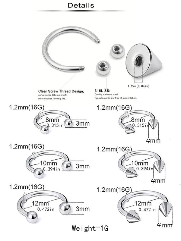 14pcs set Unisex 8 10 12mm Stainless Steel Nose Rings, Nose Piercing Jewelry, Nose Rings with 4pcs 3 4mm Replacement Heads