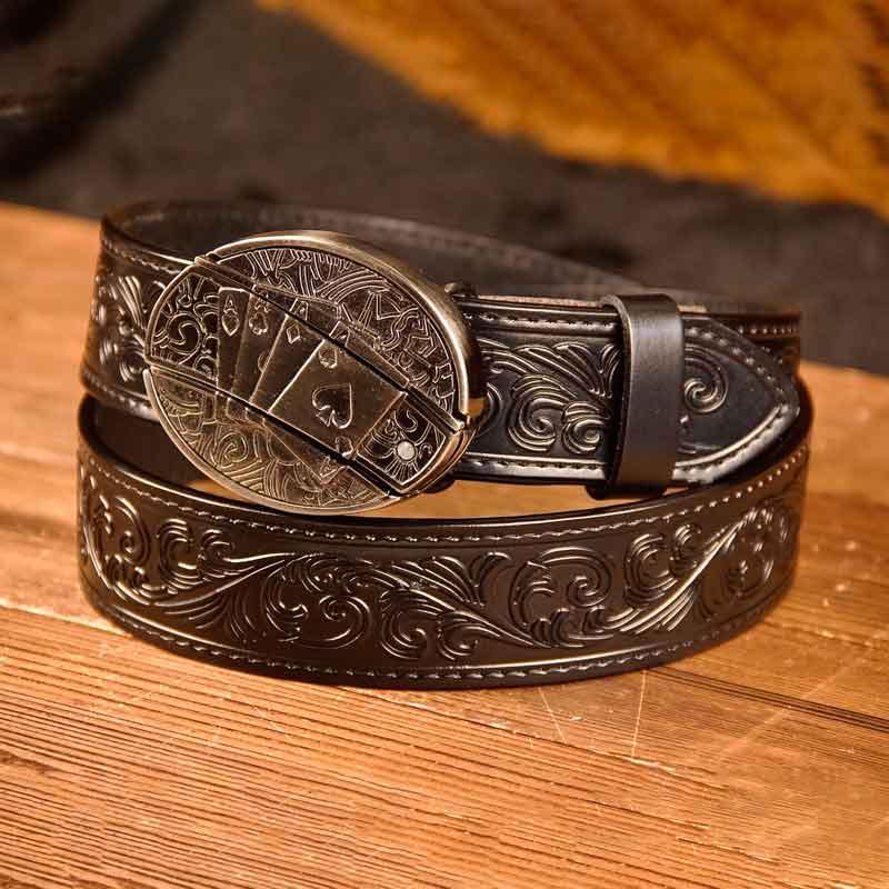 Cowboy Black Leather Printed Belt and Oval removable western cowboy cowgirl Buckle Costume Decoration