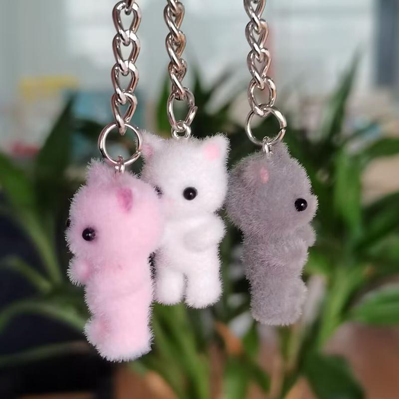 Cute Cat Design Plush Keychain, Mini 3D Flocking Cat Keychain for Phone, Backpack, Purse & School Bag Decor, Ideal Birthday Gift