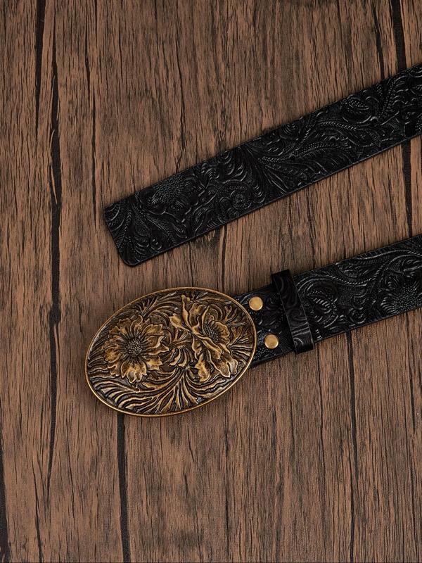 Women's Vintage Flower Embossed PU Buckle Belt, Fashionable Western Style Belt for Daily Clothing Decor, Trendy All-match & Exquisite Belt for Birthday Gift