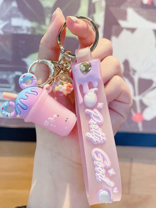 Summer Cute Cartoon Milk Tea & Ice Cream Design Keychain, Creative Keychain for Women & Girls, Fashion Keychain for Daily Clothing Decor