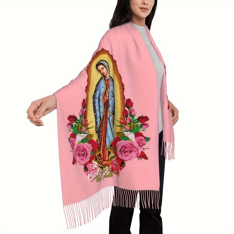 Virgin Mary Print Polyester Shawl Scarf - Casual Fringed Wool-Feel Shawl for Women, Non-Elastic Warm Decorative Wrap, Woven Windproof Weekend Casual Accessory