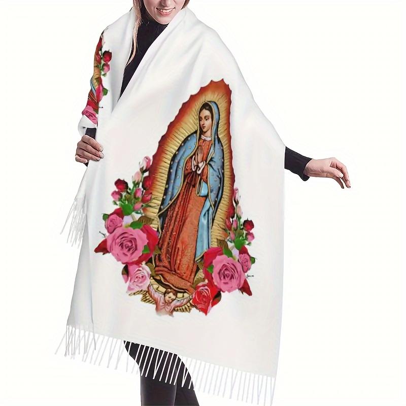 Virgin Mary Print Polyester Shawl Scarf - Casual Fringed Wool-Feel Shawl for Women, Non-Elastic Warm Decorative Wrap, Woven Windproof Weekend Casual Accessory