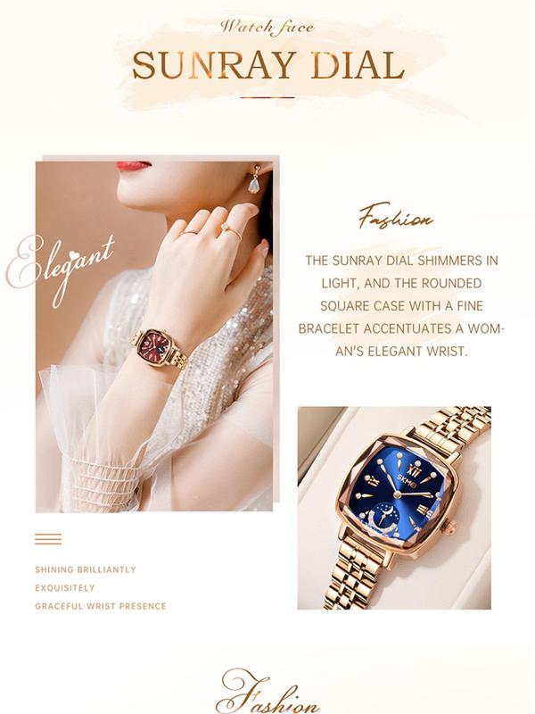 Women's Elegant Rhinestone Decorated Square Dial Quartz Watch, Fashionable Waterproof Wristwatch, Trendy Exquisite Watch for Women As Gift