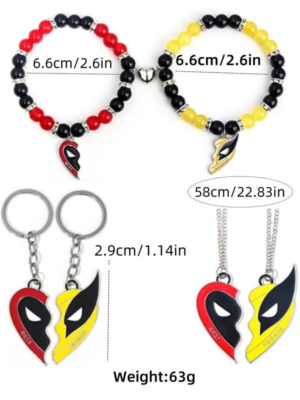 Superhero Themed Magnetic Heart Charm Couple Designer Jewelry Set, Including Necklace & Bracelet & Keychain, Fashion Jewelry Accessories for Women & Men As Gift