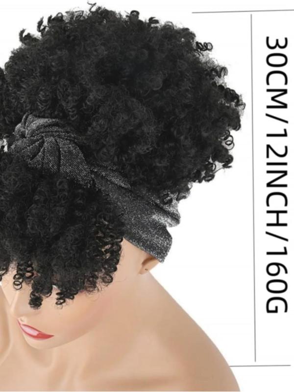 Summer 2024 Black Curly Synthetic Wig with Bangs, 12 Inch Wrap Wig with Headband Attached Scarf Wig Turban Drawstring Afro High Puff Head Wrap, Fall Outfits, Fall Freshness