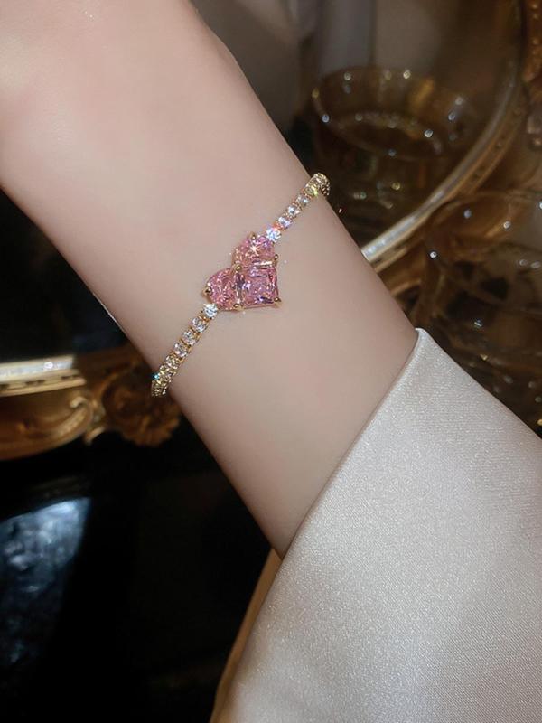 Women's Elegant Pink Heart Design Link Bracelet,  Rhinestone Decorated Trendy Bracelet, Fashionable Accessories for Women & Girls