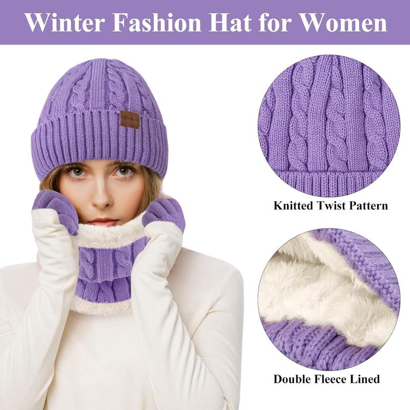 Womens Beanie Hat Scarf Touch Screen Gloves Set for Women Warm Knit Fleece Lined  Caps Neck Warmer Gifts