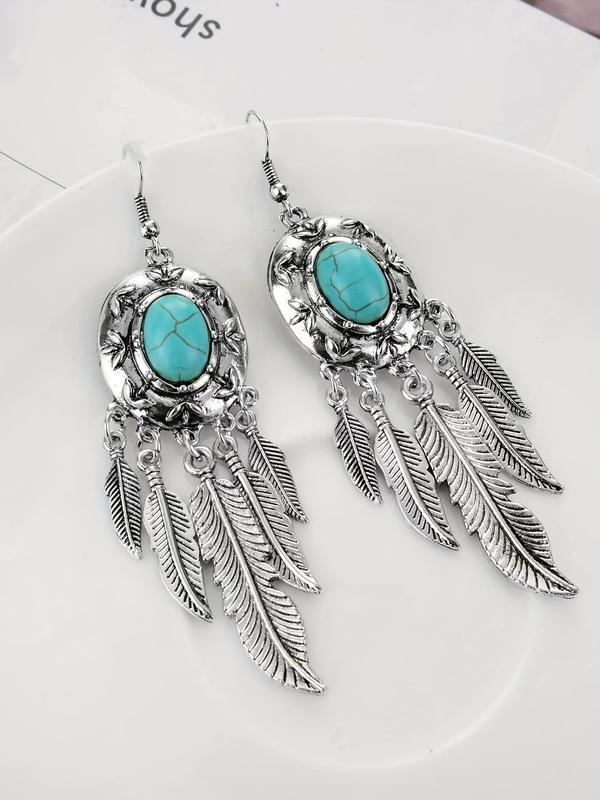 1 Pair Boho Style Tassel Decor Dangle Earrings, Leaf Design Drop Earrings, Turquoise Decor Dangle Earrings, Fashion Accessories For Women & Girls