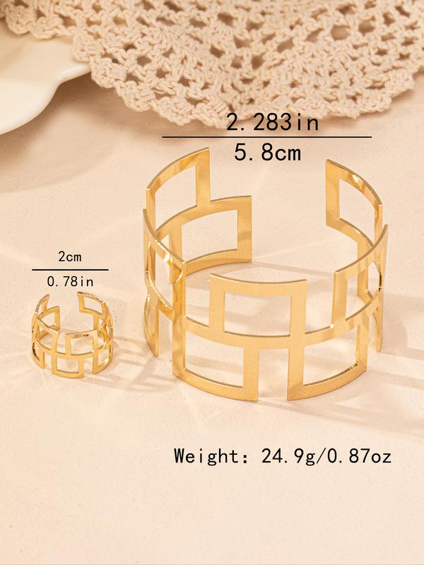 Women's Elegant Hollow Out Geometric Design Cuff Bangle & Ring, Exquisite Trendy Ring & Bangle, Fashionable Jewelry Set for Women As Gift