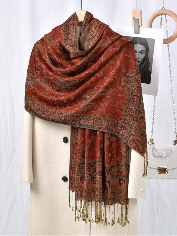 Women's Boho Style Paisley Print Long Scarf, Tassel Decor Vintage Trendy Shawl, Fashionable Scarf for Women & Girls for All Season