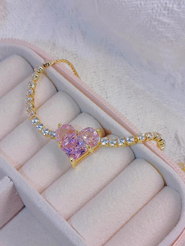 Women's Elegant Pink Heart Design Link Bracelet,  Rhinestone Decorated Trendy Bracelet, Fashionable Accessories for Women & Girls