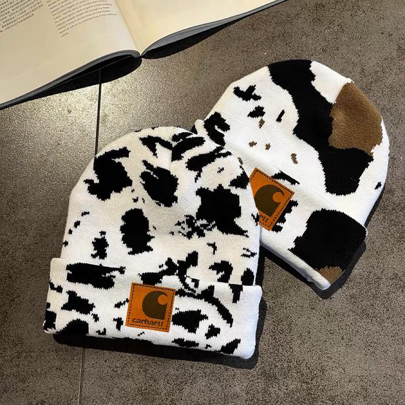 Cow Print Beanie,Winter Cow Pattern Knitted Women Cuffed Hat Warm Knit Hats Stretch Fashion Cap Cow Beanie Y2k Beanie Cow Print Beanie Cute Hat Graphic