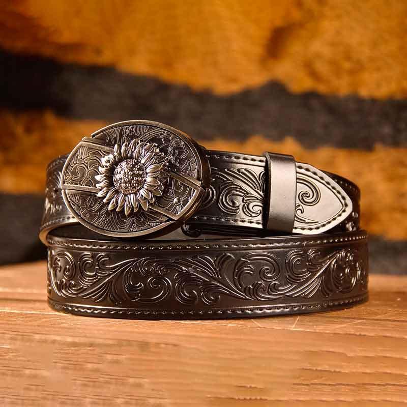 Cowboy Black Leather Printed Belt and Oval removable western cowboy cowgirl Buckle Costume Decoration