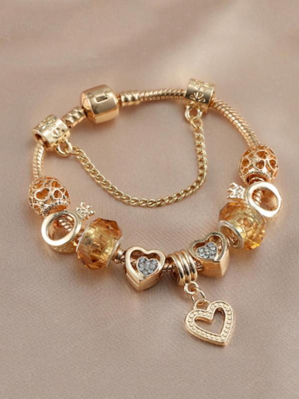 Heart & Rhinestone Decorated Charm Bracelet, Fashionable Jewelry for Women & Girls, Trendy All-match & Exquisite Jewelry for Birthday Gift