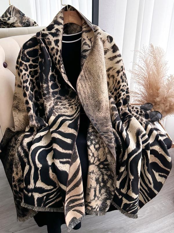 Women's Leopard Print Tassel Decor Shawl, Boho Style Thick Warm Scarf for Fall & Winter, Fashion Clothes Accessories for Women & Girls