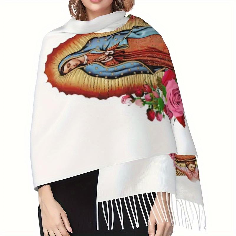 Virgin Mary Print Polyester Shawl Scarf - Casual Fringed Wool-Feel Shawl for Women, Non-Elastic Warm Decorative Wrap, Woven Windproof Weekend Casual Accessory