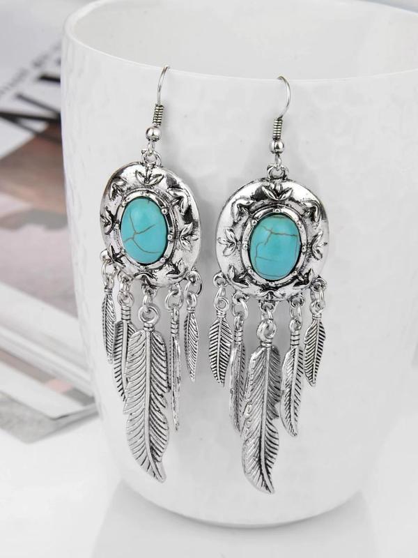 1 Pair Boho Style Tassel Decor Dangle Earrings, Leaf Design Drop Earrings, Turquoise Decor Dangle Earrings, Fashion Accessories For Women & Girls