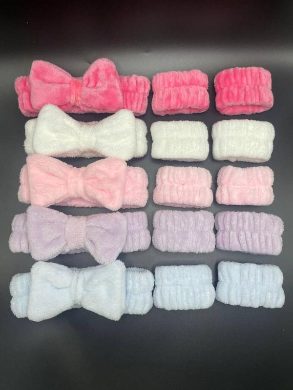 Cute Bow Decor Hair Band & Wrist Band (15pcs), Solid Color High Stretch Hair Band Set for Washing Face, Fashion Hair Accessories for Women & Girls