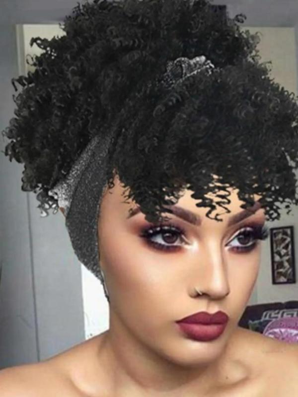 Summer 2024 Black Curly Synthetic Wig with Bangs, 12 Inch Wrap Wig with Headband Attached Scarf Wig Turban Drawstring Afro High Puff Head Wrap, Fall Outfits, Fall Freshness