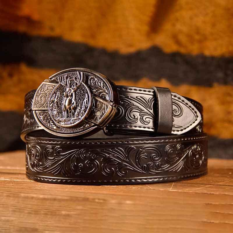 Cowboy Black Leather Printed Belt and Oval removable western cowboy cowgirl Buckle Costume Decoration