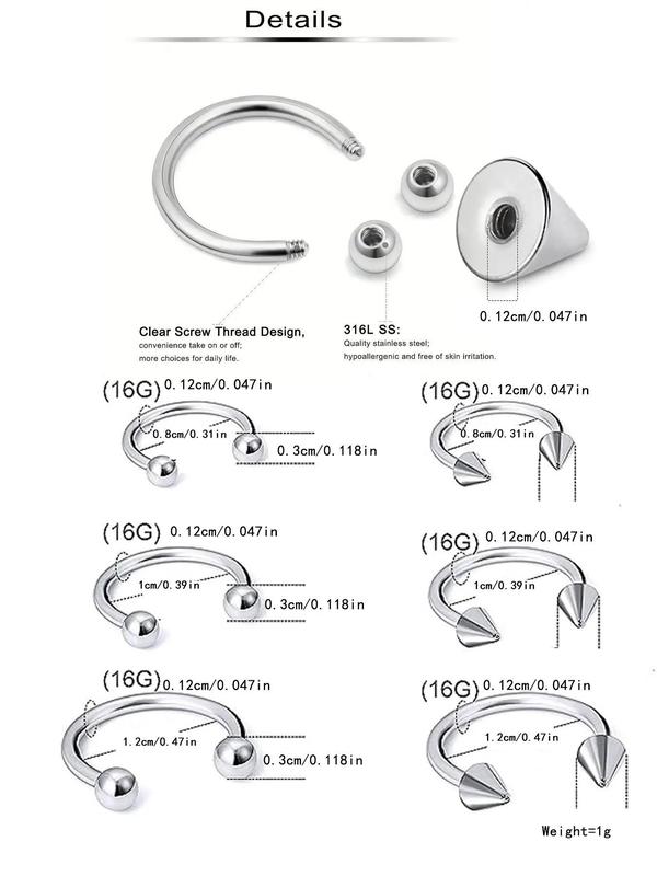 14pcs set Unisex 8 10 12mm Stainless Steel Nose Rings, Nose Piercing Jewelry, Nose Rings with 4pcs 3 4mm Replacement Heads