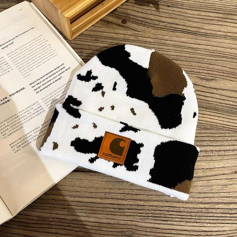 Cow Print Beanie,Winter Cow Pattern Knitted Women Cuffed Hat Warm Knit Hats Stretch Fashion Cap Cow Beanie Y2k Beanie Cow Print Beanie Cute Hat Graphic