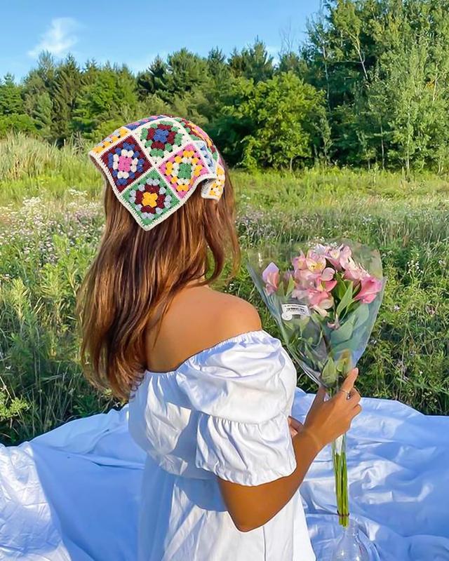 Floral Crochet Hair Bandanas Headscarf 2  Women Hair Scarf Daisy Headband Vintage  Kerchief for Girls(Multicolor)