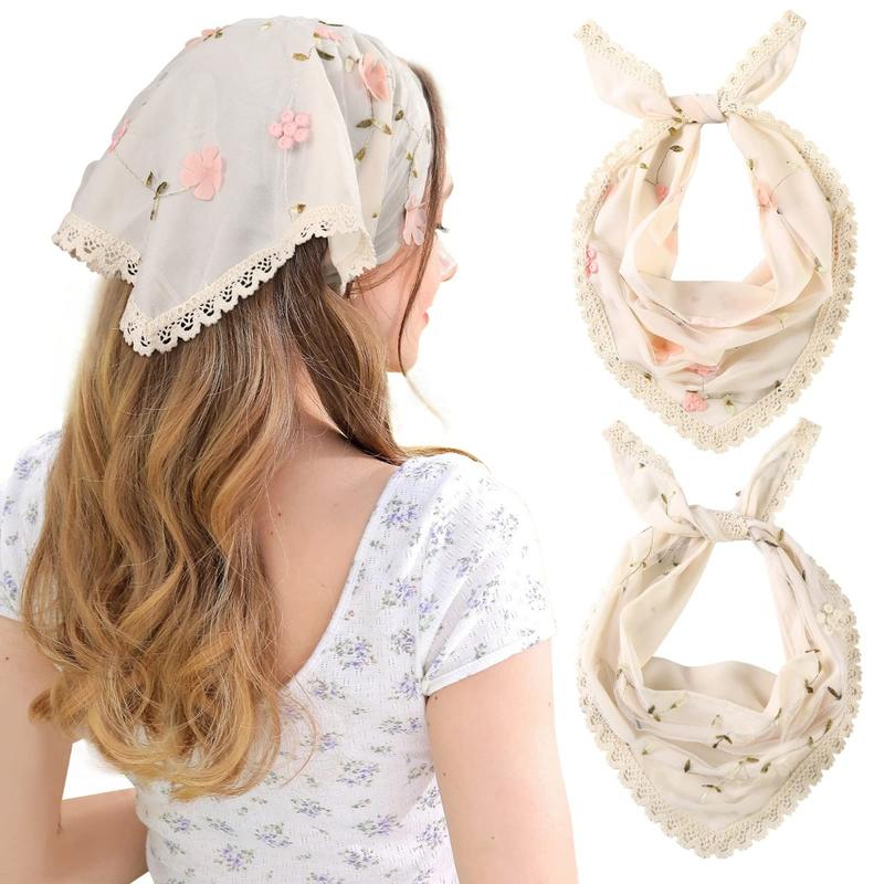 AWAYTR 2Pcs Set Floral Hair Bandanas Tie-back Head Kerchief for Women Girls Flower Mesh Hair Scarves Lightweight Triangular Head Scarf