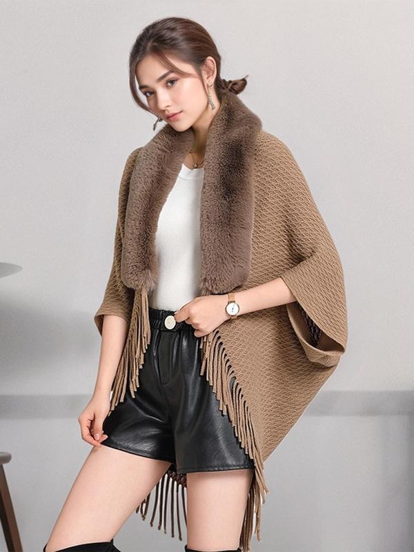 Women's Contrast Faux Fur Trim Tassel Design Shawl, Casual Plaid Pattern Open Front Cape for Fall & Winter, Fashion Accessories for Women & Girls