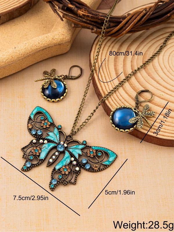 Vintage Butterfly & Rhinestone Decor Pendant Necklace & Dragonfly Dangle Earrings (1 2 3counts), Boho Style Jewelry Set for Women, Party, Daily Clothing Decor