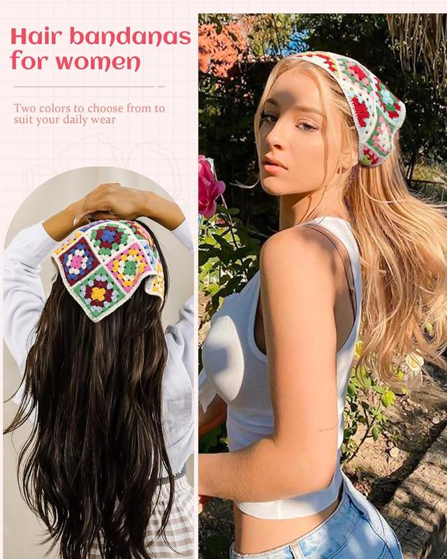 Floral Crochet Hair Bandanas Headscarf 2  Women Hair Scarf Daisy Headband Vintage  Kerchief for Girls(Multicolor)