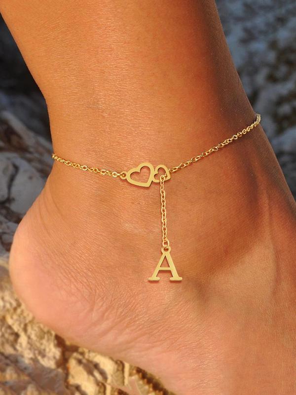 Women's Elegant Heart & Letter Design Anklet, Exquisite Trendy Minimalist Chain Anklet, Fashionable All-match Foot Jewelry for Women & Girls