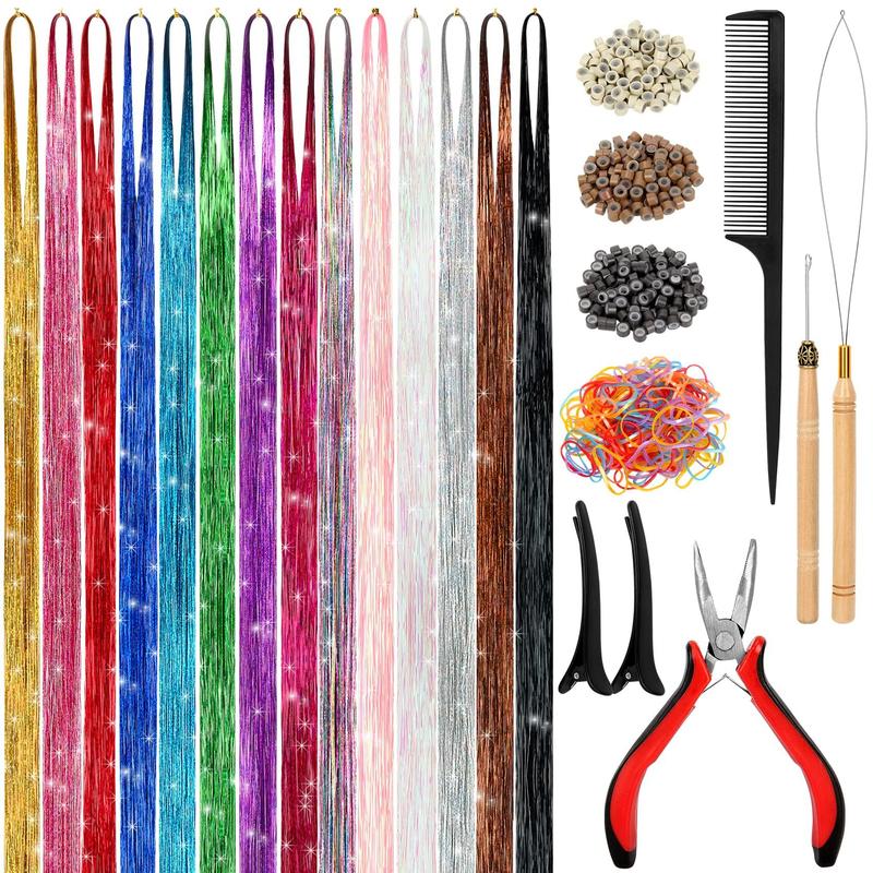 14 Colors Hair Tinsel Kit Include 3500 strands, Tinsel Hair Extensions with Tools, Heat Resistant Fairy Hair Tinsel Kit for Women Girls Hair Accessories