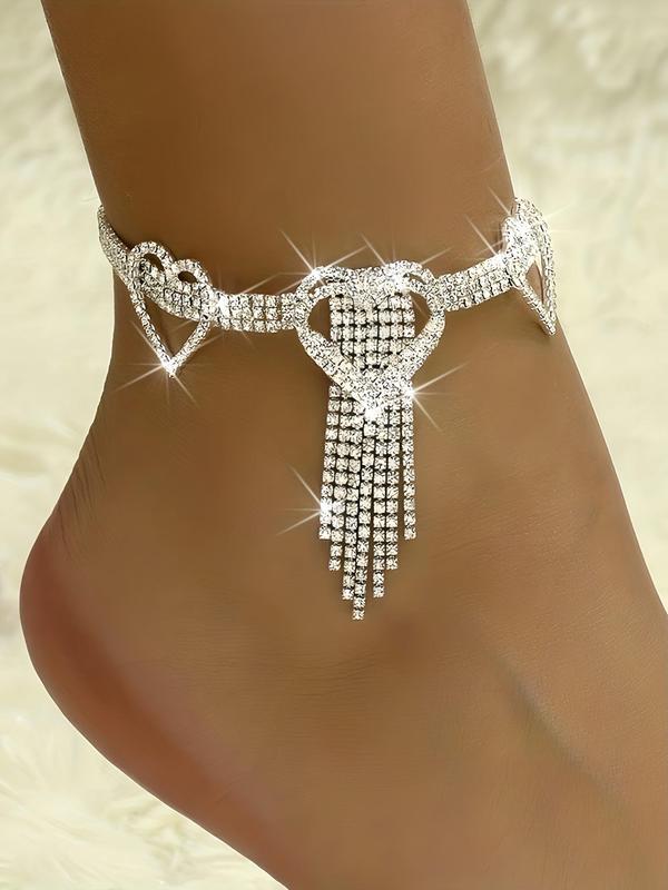 Rhinestone Decorated Heart Design Anklet,  Bling Bling Long Tassel Decorated Foot Jewelry for Women & Girls, Trendy All-match & Exquisite Jewelry for Birthday Gift