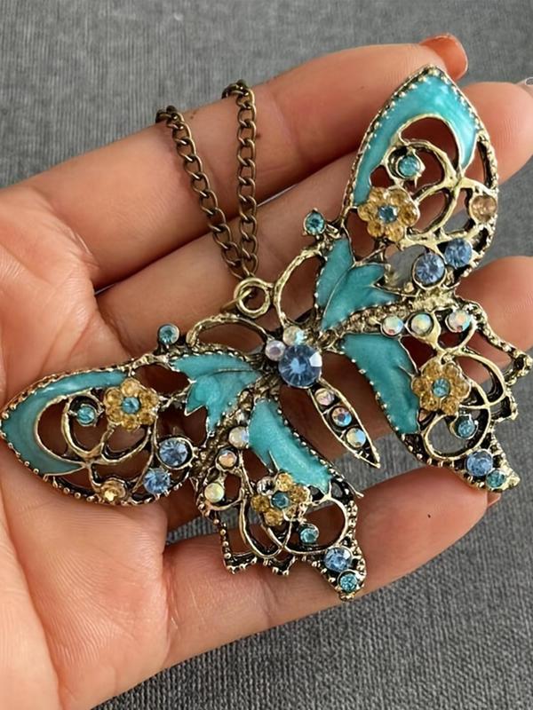 Vintage Butterfly & Rhinestone Decor Pendant Necklace & Dragonfly Dangle Earrings (1 2 3counts), Boho Style Jewelry Set for Women, Party, Daily Clothing Decor