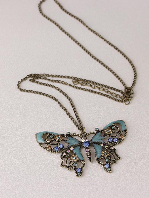 Vintage Butterfly & Rhinestone Decor Pendant Necklace & Dragonfly Dangle Earrings (1 2 3counts), Boho Style Jewelry Set for Women, Party, Daily Clothing Decor