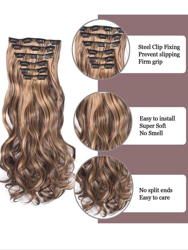 Ombre Long Wavy Clip-in Hair Extensions, 6 Counts Thick Hairpieces Natural Synthetic Hair Extensions, Heat Resistant Synthetic Hairpiece for Party & Daily Use