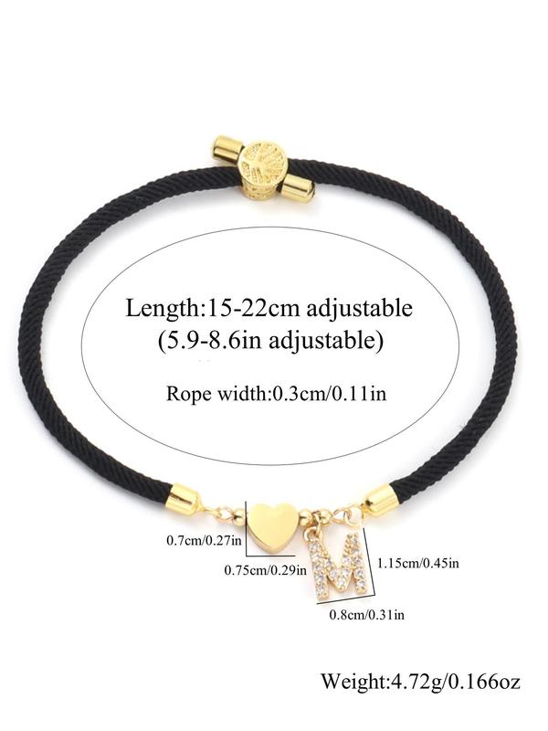 Initial Heart Charm Link Bracelet,  Fashion All-match Jewelry for Women, Retro Adjustable Rope Bracelet for Daily Use