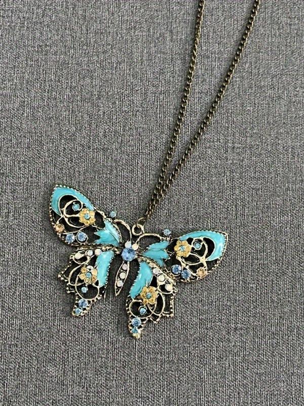 Vintage Butterfly & Rhinestone Decor Pendant Necklace & Dragonfly Dangle Earrings (1 2 3counts), Boho Style Jewelry Set for Women, Party, Daily Clothing Decor