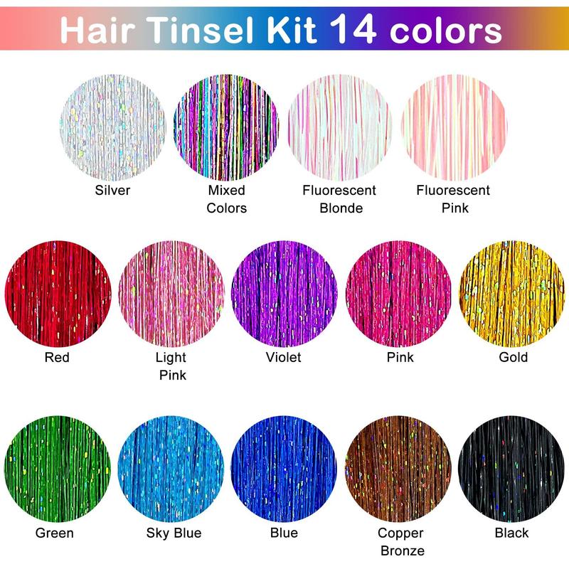 14 Colors Hair Tinsel Kit Include 3500 strands, Tinsel Hair Extensions with Tools, Heat Resistant Fairy Hair Tinsel Kit for Women Girls Hair Accessories