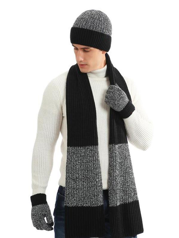 Men's Colorblock Beanie Hat & Scarf & Gloves Set, Casual Thickened Warm Hat Scarf Gloves Set for Fall & Winter, Fashion Accessories for Men