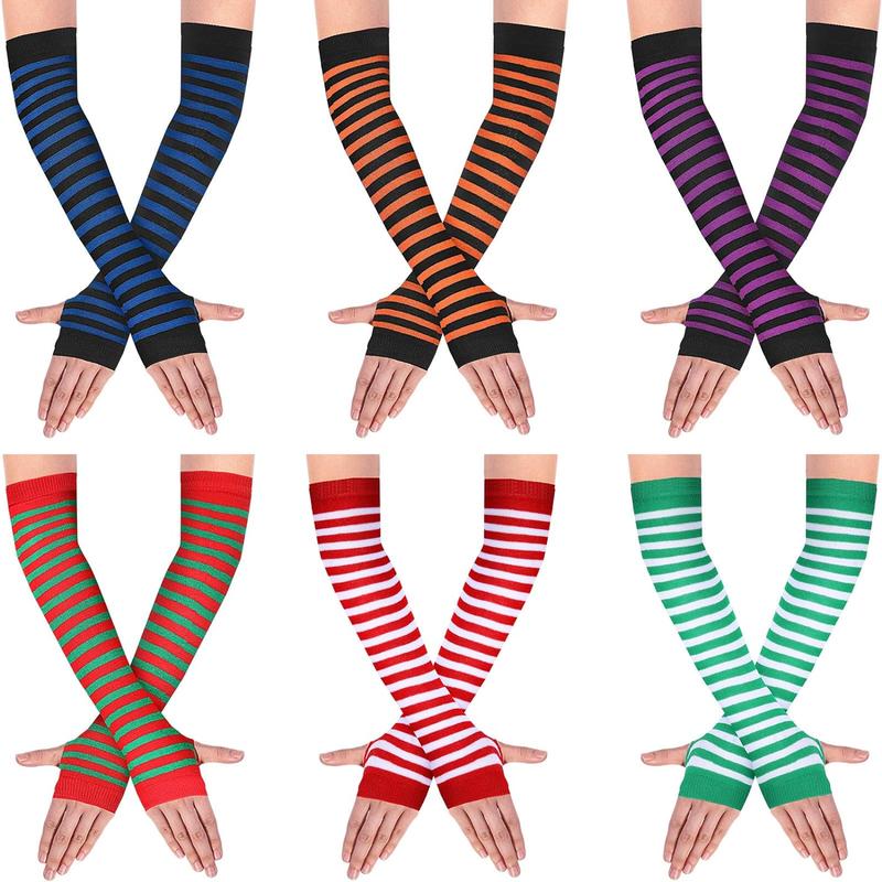 6 Pairs Long Fingerless Gloves for Women Knit Thigh High Striped Arm Warmer Thumb Hole Stretchy Gloves